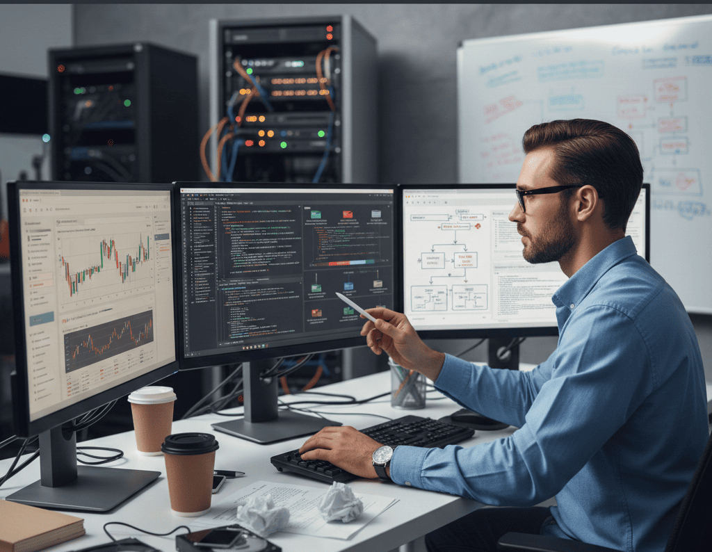 Технический специалист настраивает интеграцию множественных финансовых приложений, отображаемых на экранах с кодом и диаграммами API, демонстрируя сложность системной интеграции