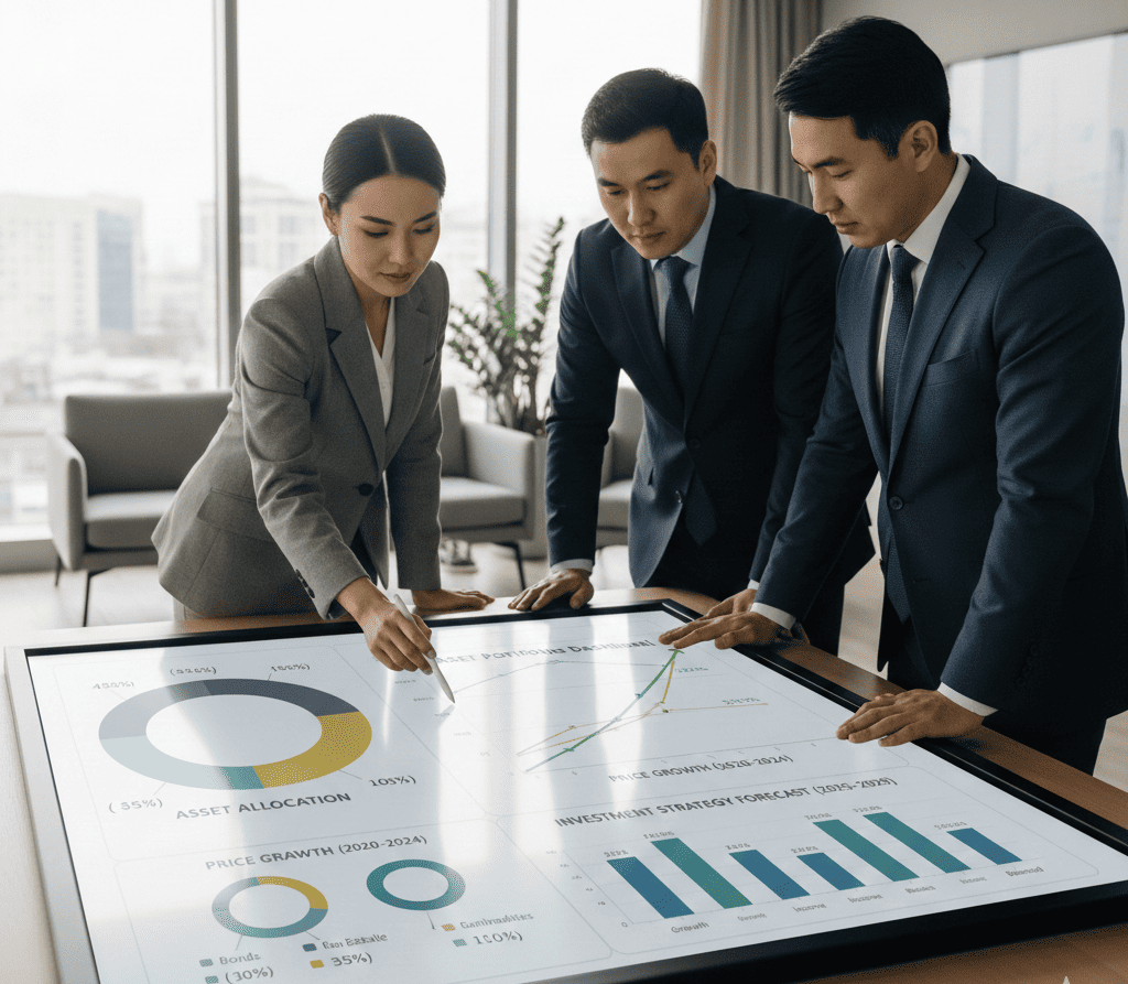 Сложная графическая визуализация портфеля активов с диаграммами распределения, графиками роста стоимости и прогнозами развития инвестиционной стратегии на несколько лет