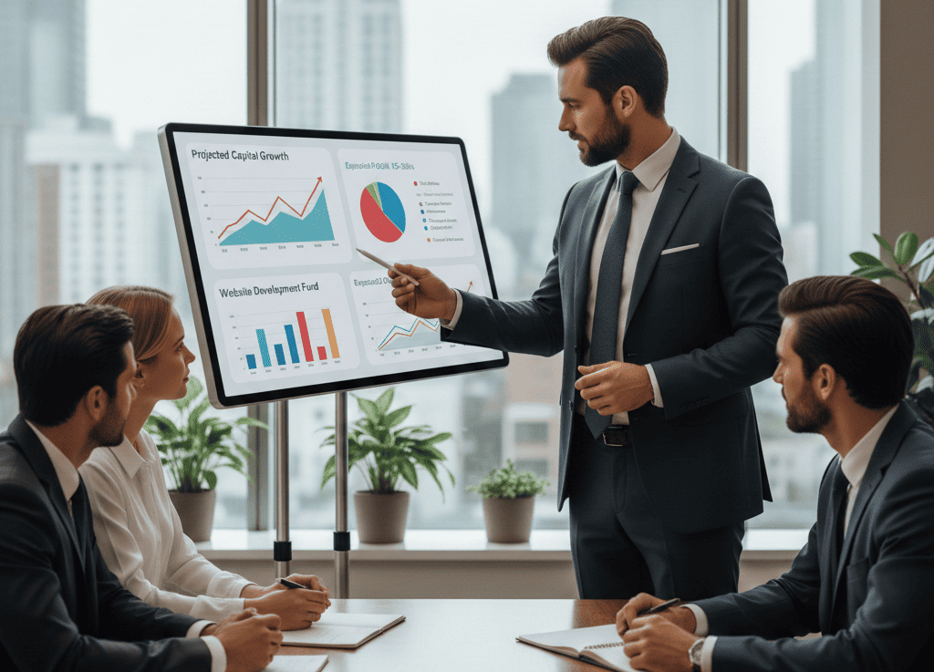 Финансовый советник презентирует инвестиционную стратегию и диаграммы роста капитала деловым партнерам с помощью интерактивного дисплея, демонстрируя различные сценарии портфеля
